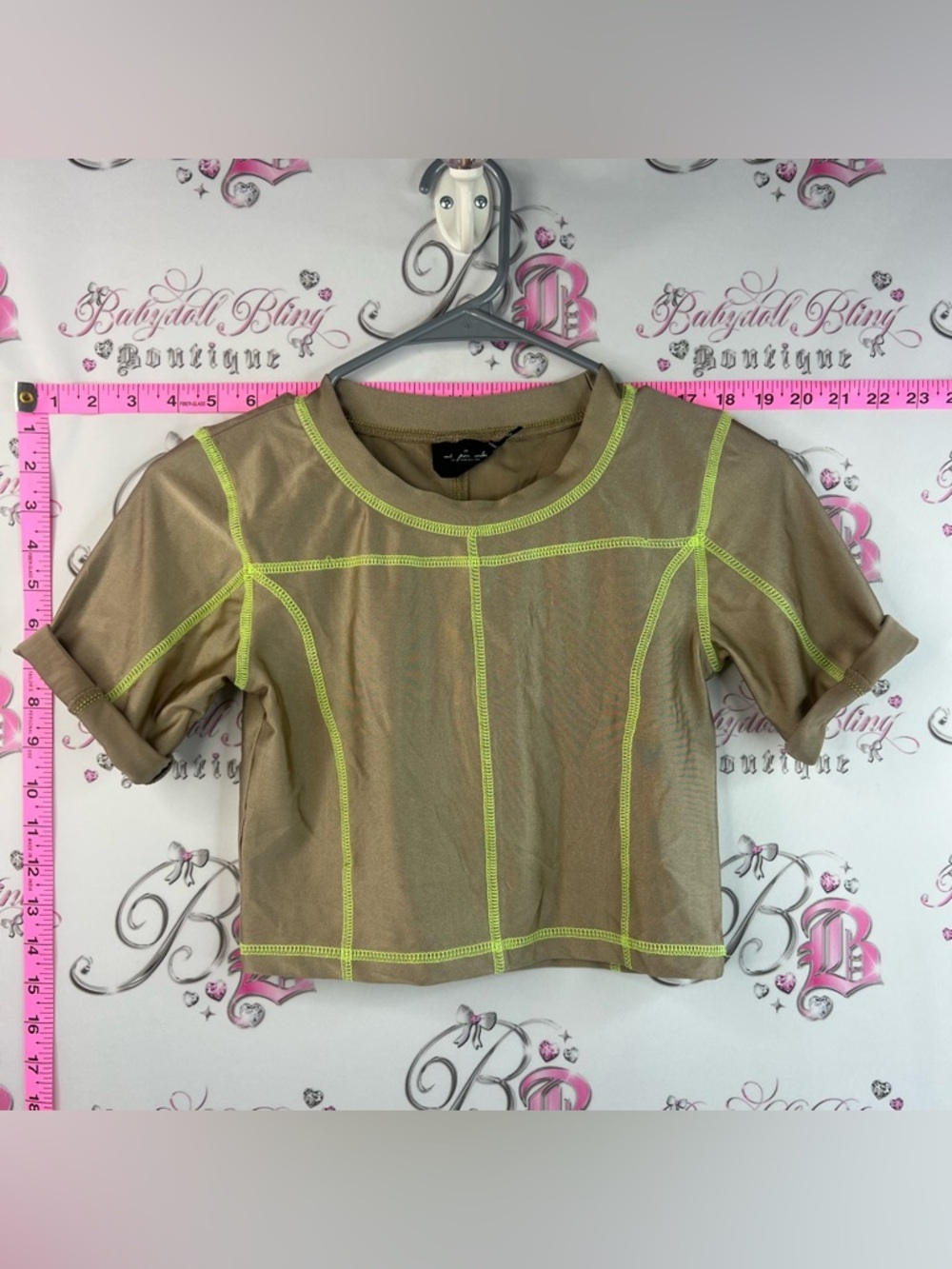 Urban Outfitters crop top Khaki Crop Tee with Neon Yellow Contrast Stitching